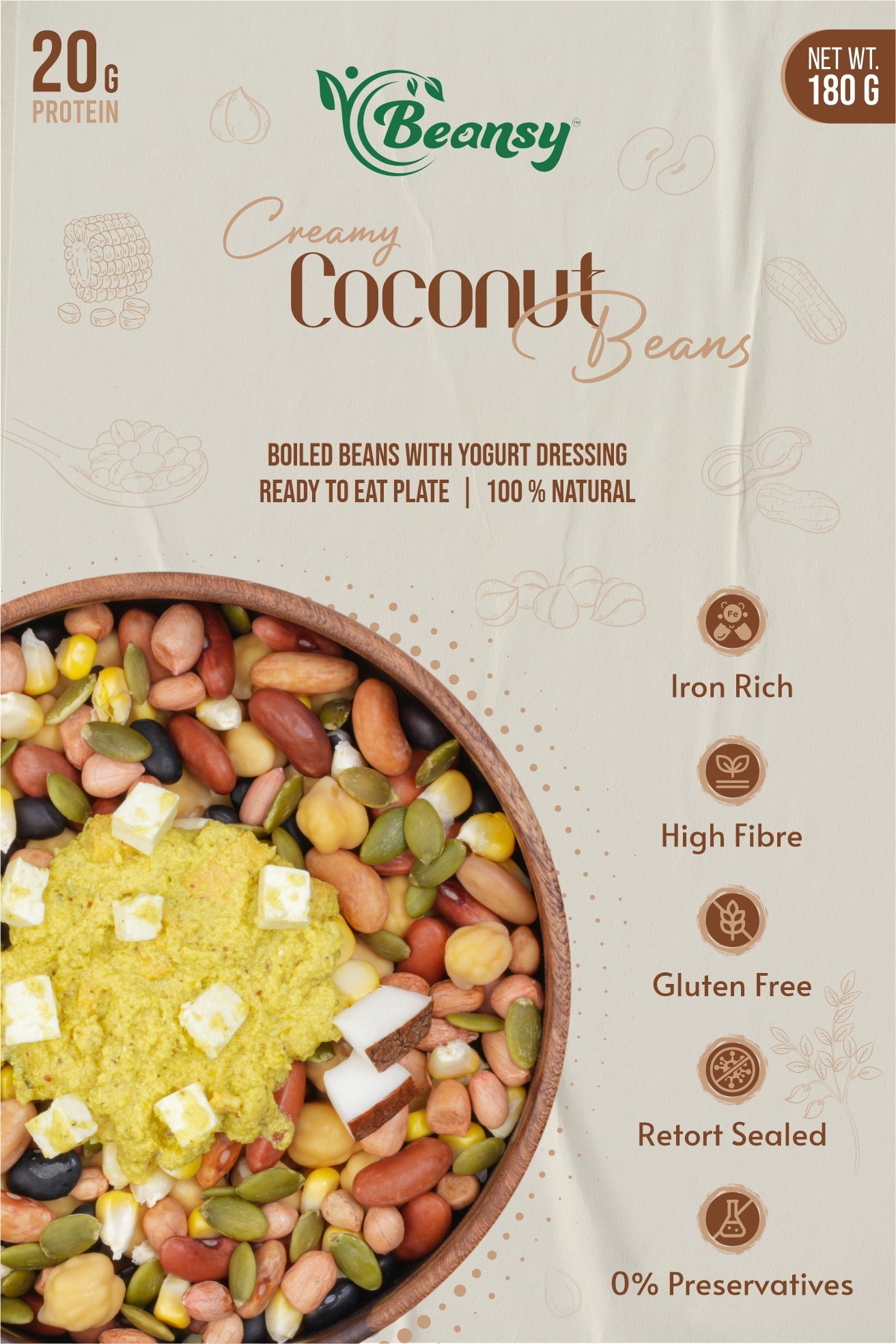 Package of Beansy Creamy Coconut Beans with ingredients and benefits listed.