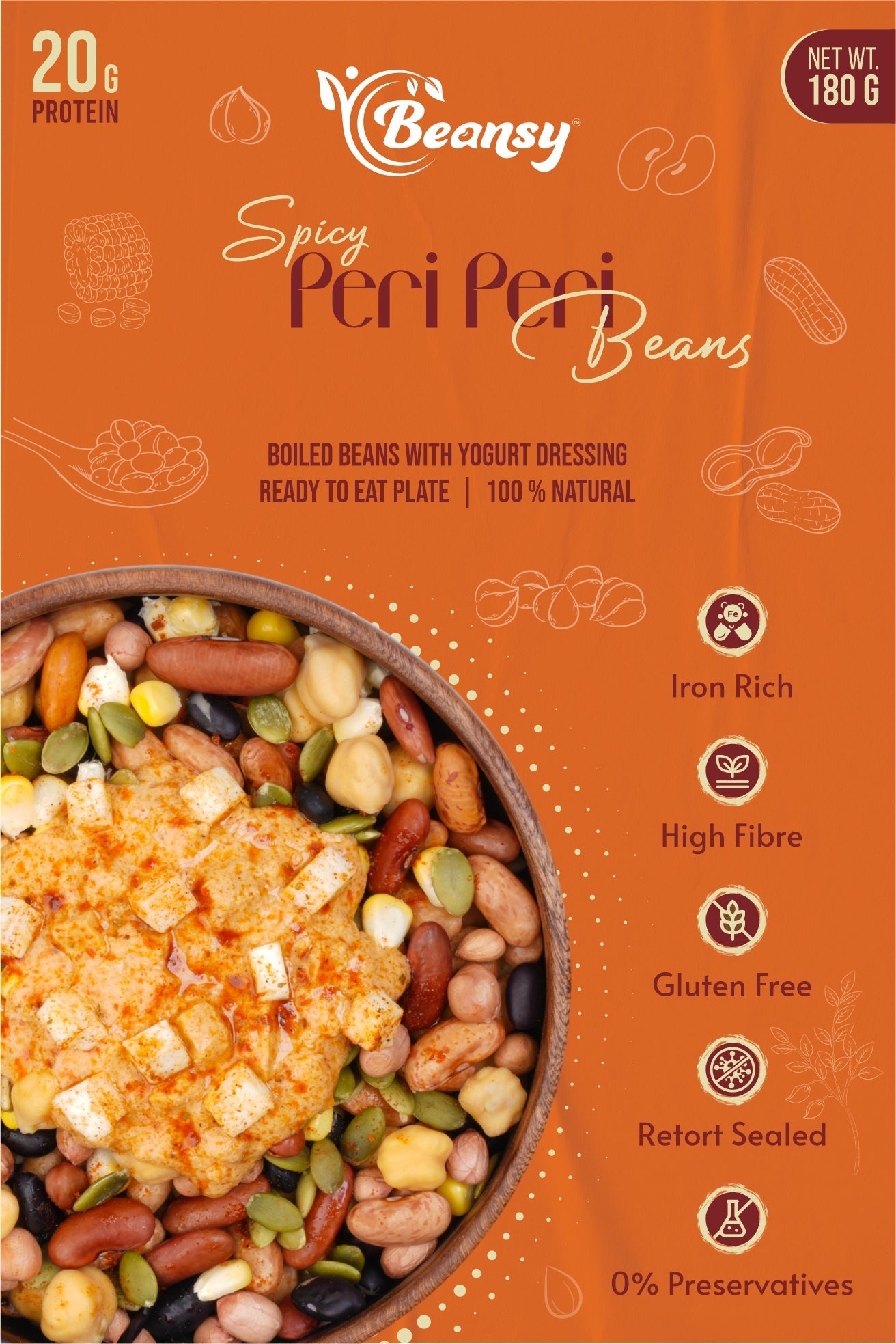 Packaging of Beansy Spicy Peri Peri Beans with ingredients and health benefits on an orange background