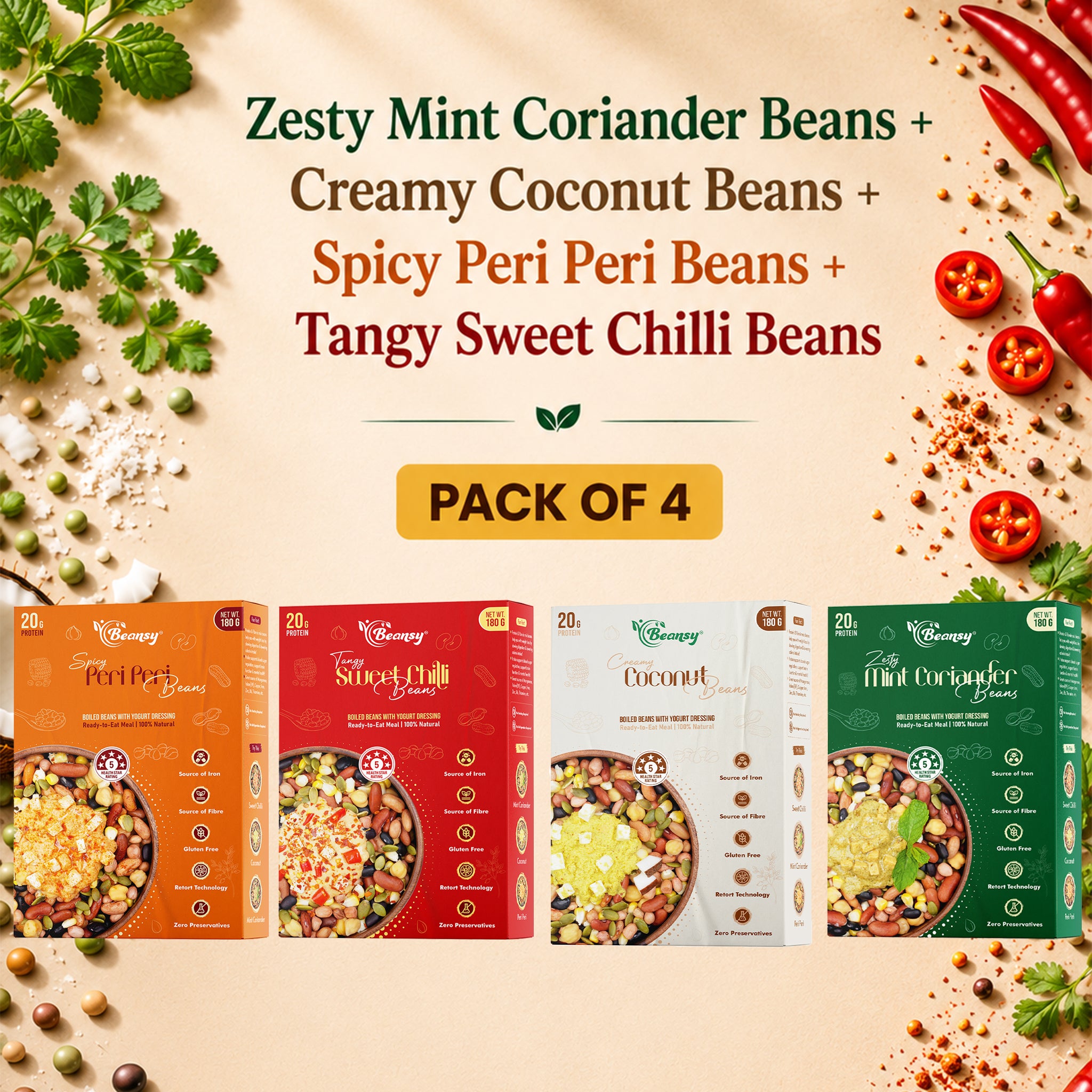 Packaging of Zesty Mint Coriander Beans, Creamy Coconut Beans, Spicy Peri Peri Beans, and Tangy Sweet Chilli Beans with ingredients on a beige background.