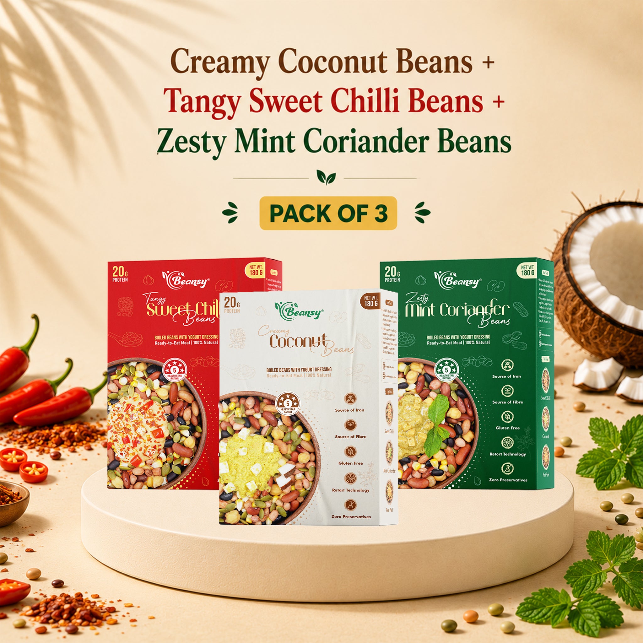 Three boxes of different flavored beans on a beige background with text and ingredients.