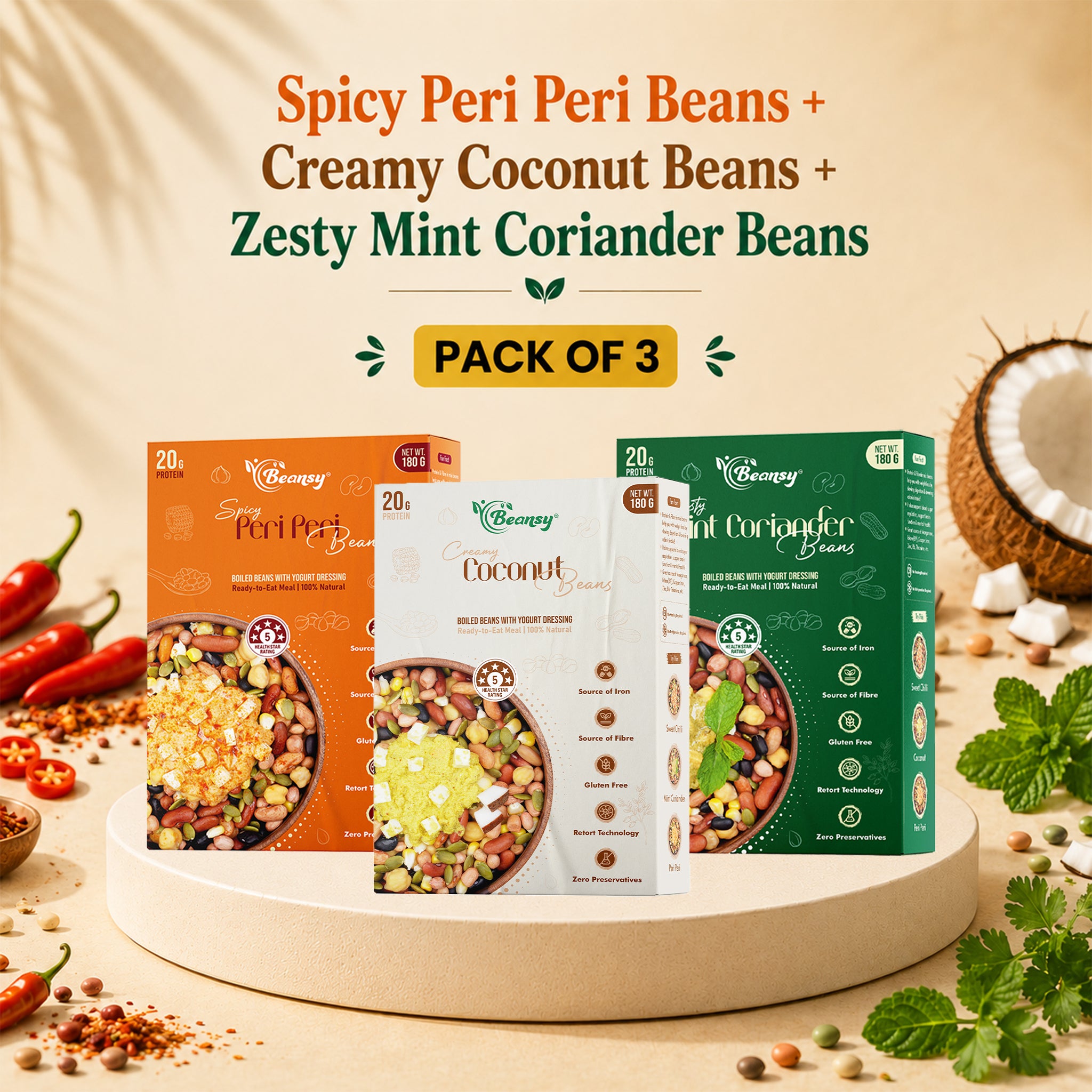 Three boxes of different flavored beans on a decorative stand with spices and herbs.