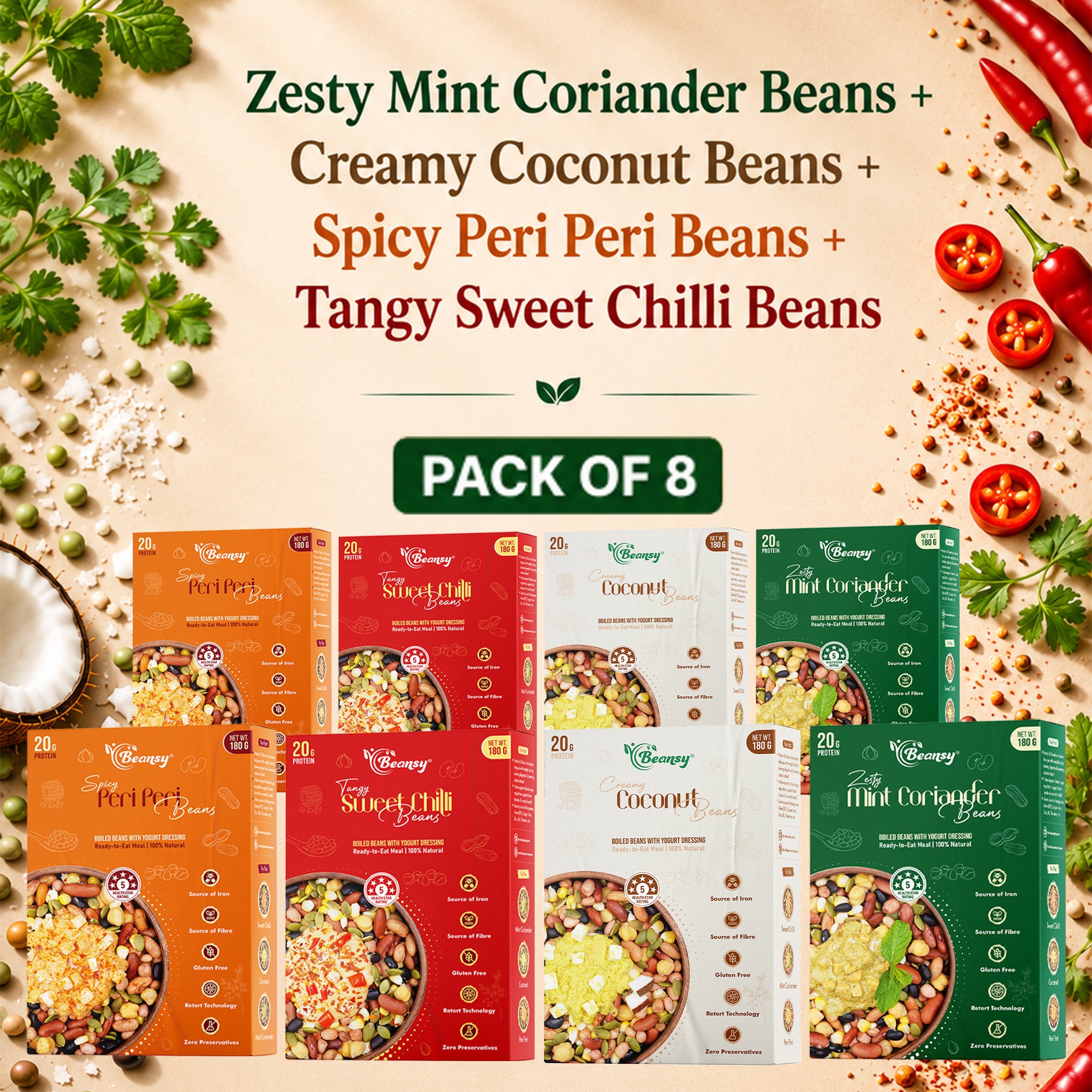 Packaging of Zesty Mint Coriander Beans, Creamy Coconut Beans, Spicy Peri Peri Beans, and Tangy Sweet Chilli Beans with ingredients displayed.