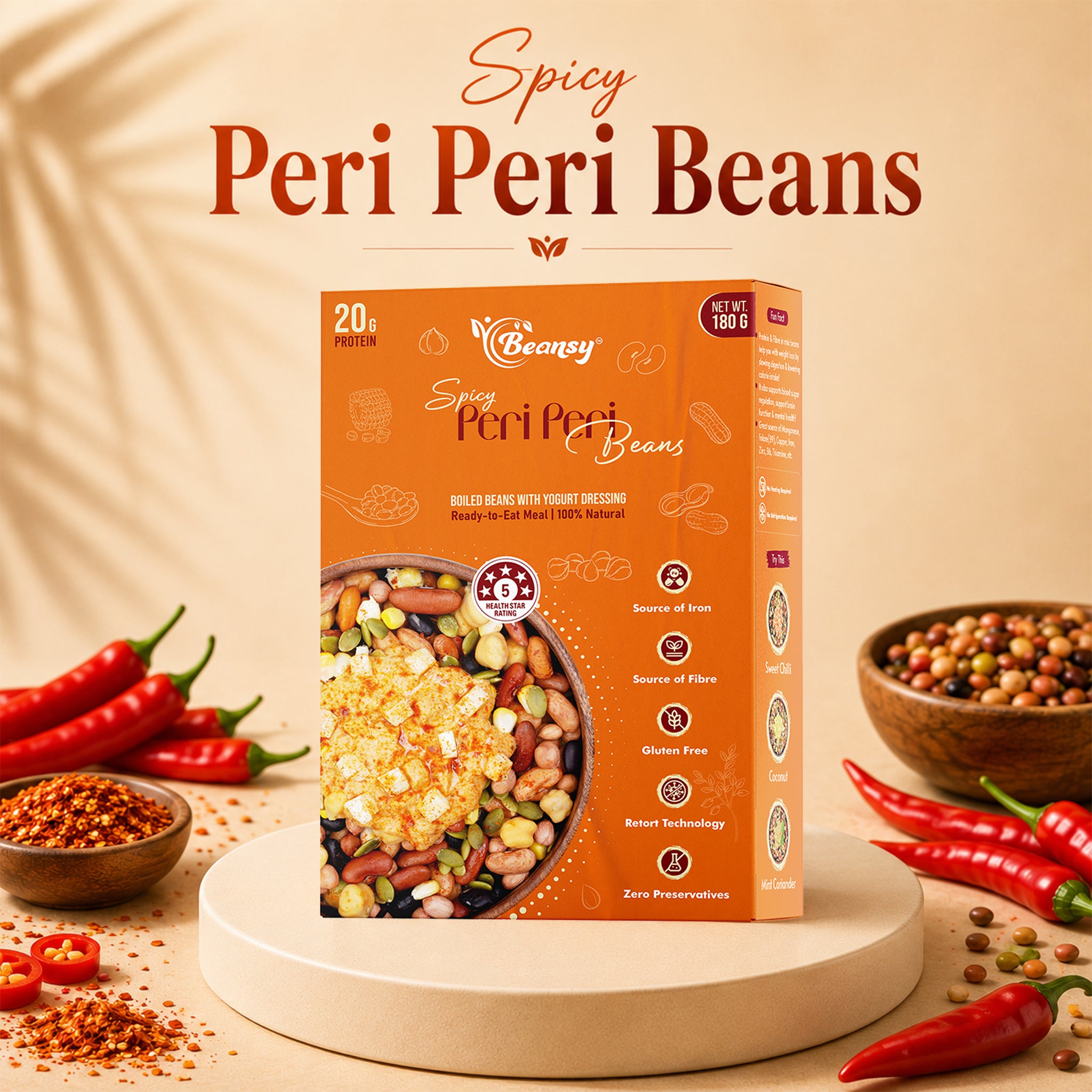 Spicy Peri Peri Beans packaging with ingredients on a beige background